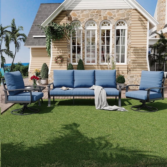 HOMREST Patio Furniture Sets 4 PCS Outdoor Metal Conversation Sets, 360 Degree Swivel Rocking Chairs Patio Conversation Set with Coffee Table and 3-Seat Sofa for Garden, Deck and Poolside