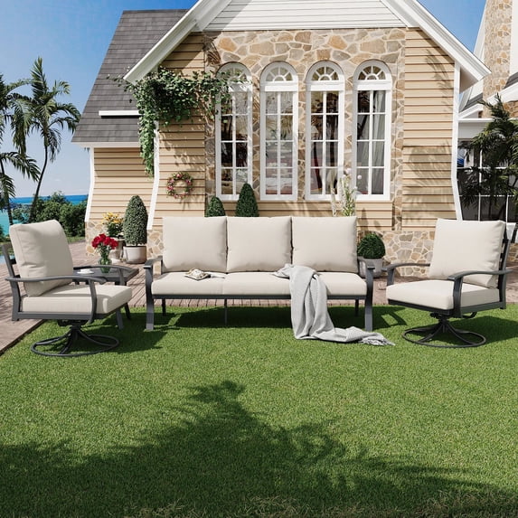 HOMREST Patio Furniture Sets 4 PCS Outdoor Metal Conversation Sets, 360 Degree Swivel Rocking Chairs Patio Conversation Set with Coffee Table and 3-Seat Sofa for Garden, Deck and Poolside