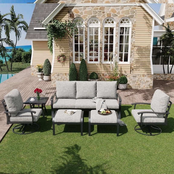 HOMREST Patio Furniture Sets 6 PCS Outdoor Metal Conversation Sets, 360 Degree Swivel Rocking Chairs Patio Conversation Set with Ottomans, Coffee Table and 3-Seat Sofa for Garden, Deck and Poolside