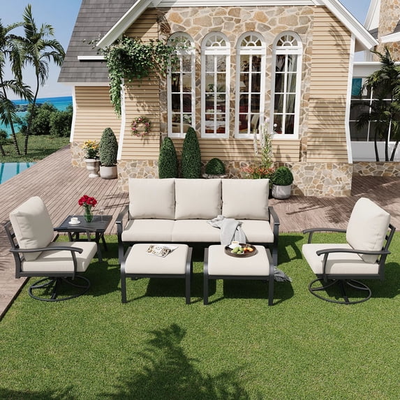 HOMREST Patio Furniture Sets 6 PCS Outdoor Metal Conversation Sets, 360 Degree Swivel Rocking Chairs Patio Conversation Set with Ottomans, Coffee Table and 3-Seat Sofa for Garden, Deck and Poolside