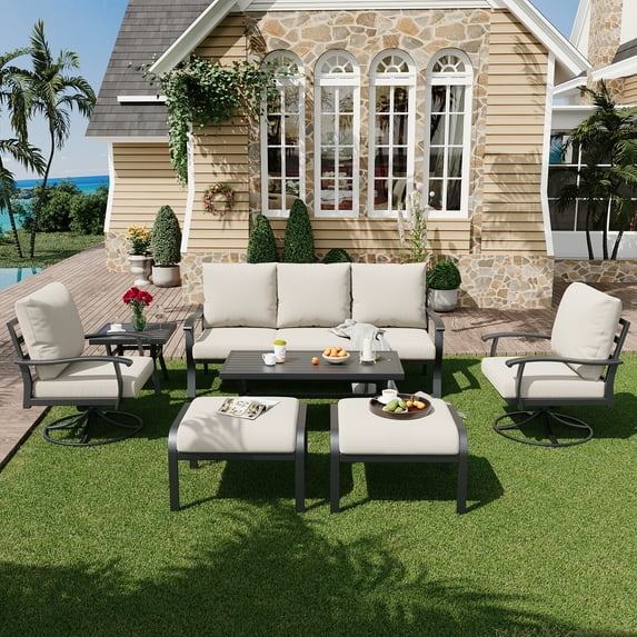 HOMREST Patio Furniture Sets 7 PCS Outdoor Metal Conversation Sets, 360 Degree Swivel Rocking Chairs Patio Conversation Set with Ottomans, Coffee Side Table and 3-Seat Sofa for Garden, Deck, Poolside