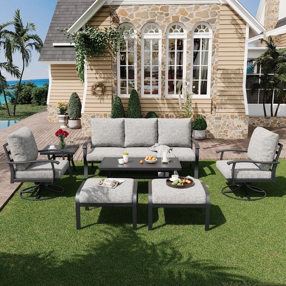 HOMREST Patio Furniture Sets 7 PCS Outdoor Metal Conversation Sets, 360 Degree Swivel Rocking Chairs Patio Conversation Set with Ottomans, Coffee Side Table and 3-Seat Sofa for Garden, Deck, Poolside