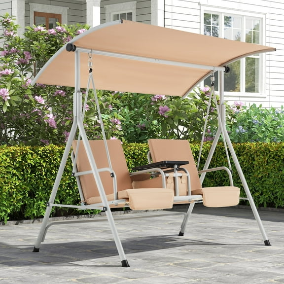 HOMREST Patio Swing with Adjustable Canopy，Heavy Duty 650 LBS Outdoor Swing with Pivot Storage Table & 3 Cup Holders & Cushions for Yard, Lawn, Backyard, Beige