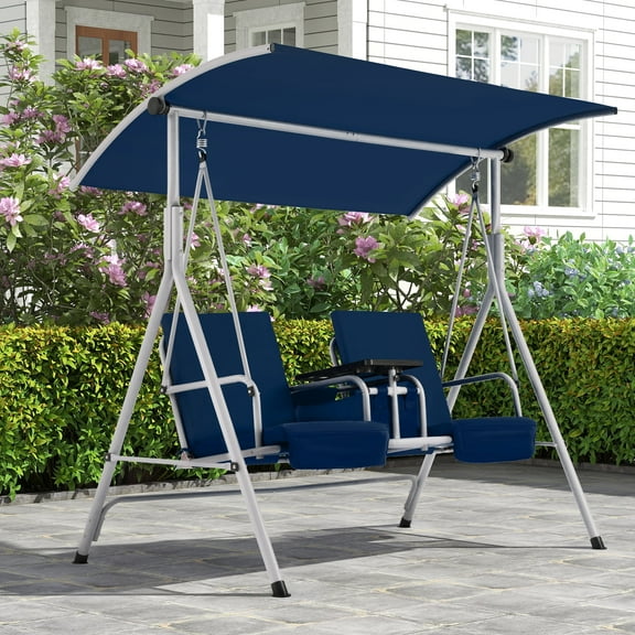 HOMREST Patio Swing with Adjustable Canopy,Heavy Duty 650 LBS Outdoor Swing with Pivot Storage Table & 4 Cup Holders & Cushions for Yard, Lawn, Backyard, Navy Blue