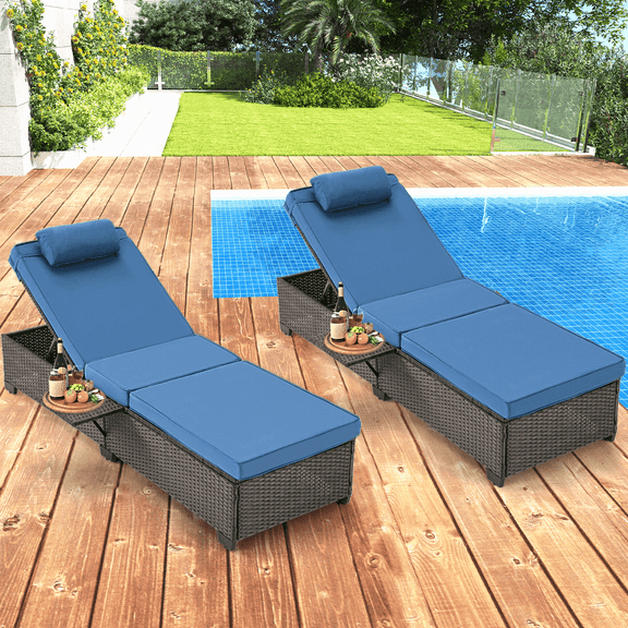 HOMREST Pool PE Wicker Lounge Chairs Set of 2,Lounge Chairs with Adjustable Headrest & Soft Cushion,5 Backrest Usage Modes Chaise Lounge with Storage Rack,Patio Lounge Chair for Backyard