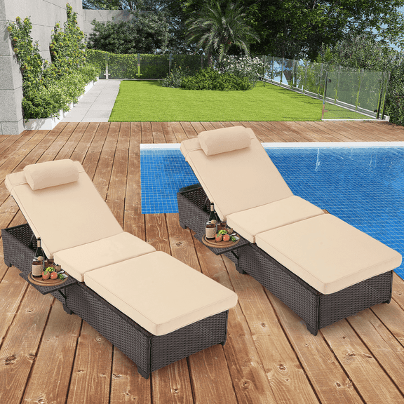 HOMREST Pool PE Wicker Lounge Chairs Set of 2,Lounge Chairs with Adjustable Headrest & Soft Cushion,5 Backrest Usage Modes Chaise Lounge with Storage Rack,Patio Lounge Chair for Backyard