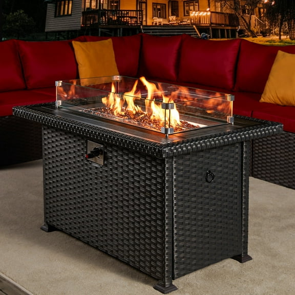HOMREST Propane Fire Pit Table, 44 Inch 50,000 BTU Auto-Ignition Gas Fire Pit Table Rectangular /w Glass Wind Guard, Wood Plastic Composites Tabletop, CSA Certification Firepit for Outdoor Patio Lawn