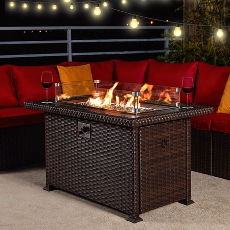 HOMREST Propane Fire Pit Table, 44 Inch 50,000 BTU Auto-Ignition Gas Fire Pit Table Rectangular /w Glass Wind Guard, Wood Plastic Composites Tabletop, CSA Certification Firepit for Outdoor Patio Lawn