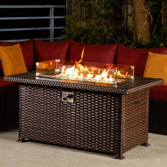 HOMREST Propane Fire Pit Table, 50 Inch 50,000 BTU Auto-Ignition Gas Fire Pit Table Rectangular /w Glass Wind Guard, Wood Plastic Composites Tabletop, CSA Certification Firepit for Outdoor Patio Lawn