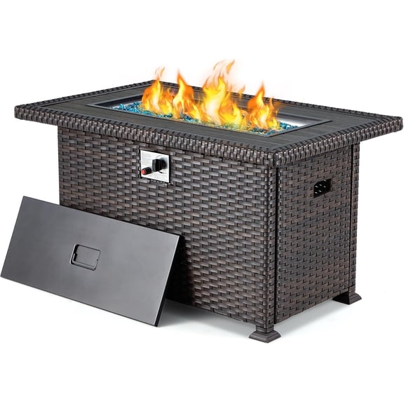 HOMREST Propane Fire Pit Table, Gas Fire Pits for Outside, 44 Inch 50,000 BTU Smokeless Firepit for Outdoor Patio, CSA Approved, Auto-Ignition Adjustable Flame, with Lid, Waterproof Cover, Glass