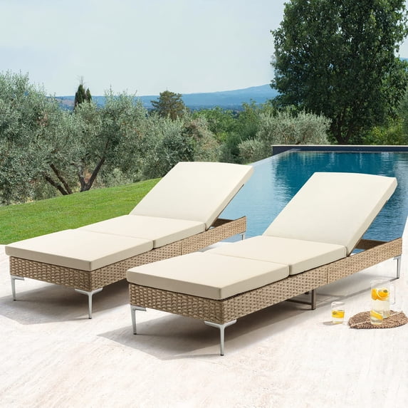 HOMREST Rattan Patio Chaise Lounge Chair Set of 2 for Outside, Outdoor Pool Lounge Chair, Reclining Wicker Lounge Chair Set with Adjustable Backrest, Cushions for Poolside Porch Garden and Backyard