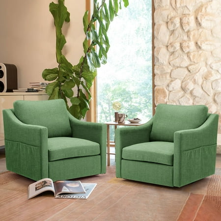 HOMREST Swivel Accent Chair Sets of 2, 360° Rotation Linen Fabric Armchair Modern Barrel Chairs with Lumbar Pillow for Reception Living Room Bedroom Home and Office,Green