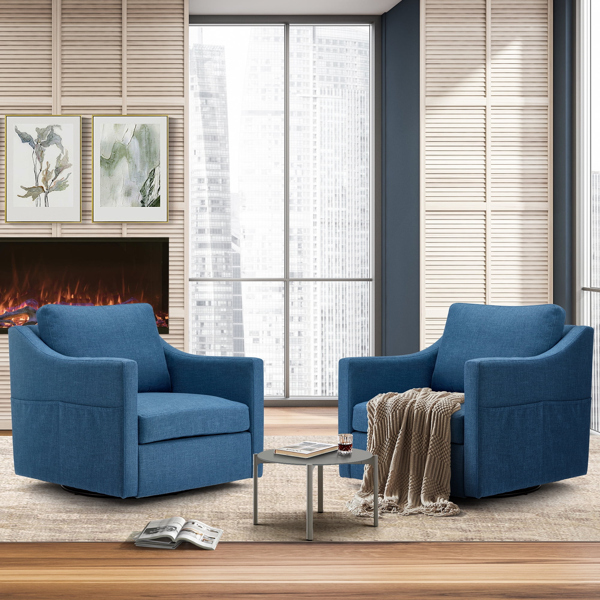 HOMREST Swivel Accent Chair Sets of 2 Linen Fabric Armchair Modern Chairs w Removable Cover for Reception Living Room Blue