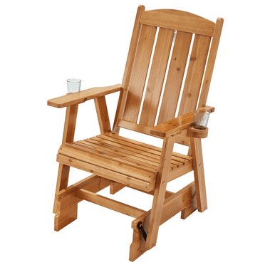 HOMREST Wooden Patio Glider Chair with Cup Holders Heavy Duty 700LBS Outdoor Rocking Chair with Ergonomic Deep Contoured Seat and High Roll Back for Garden Porch Balcony