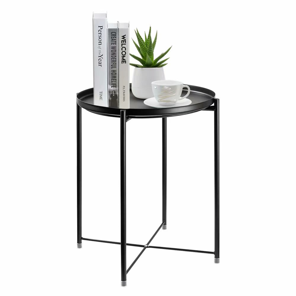 HOMRITAR Side Table Round Metal, Outdoor Side Table Small Sofa End Table Indoor Accent Table Round Metal Coffee Table Waterproof Removable Tray Table for Living Room Bedroom Balcony Office Black - image 1 of 7
