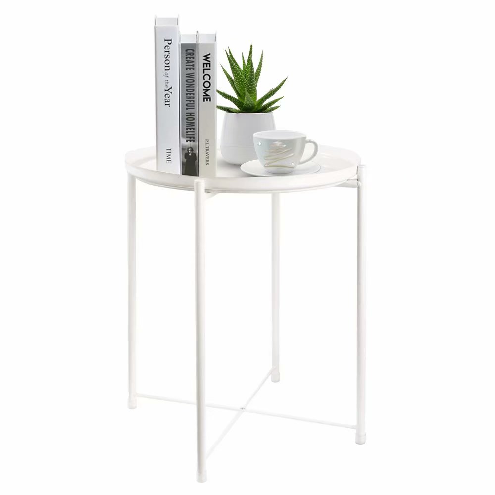 HOMRITAR Side Table Round Metal, Outdoor Side Table Small Sofa End Table Indoor Accent Table Round Metal Coffee Table Waterproof Removable Tray Table for Living Room Bedroom Balcony Office White - image 1 of 5