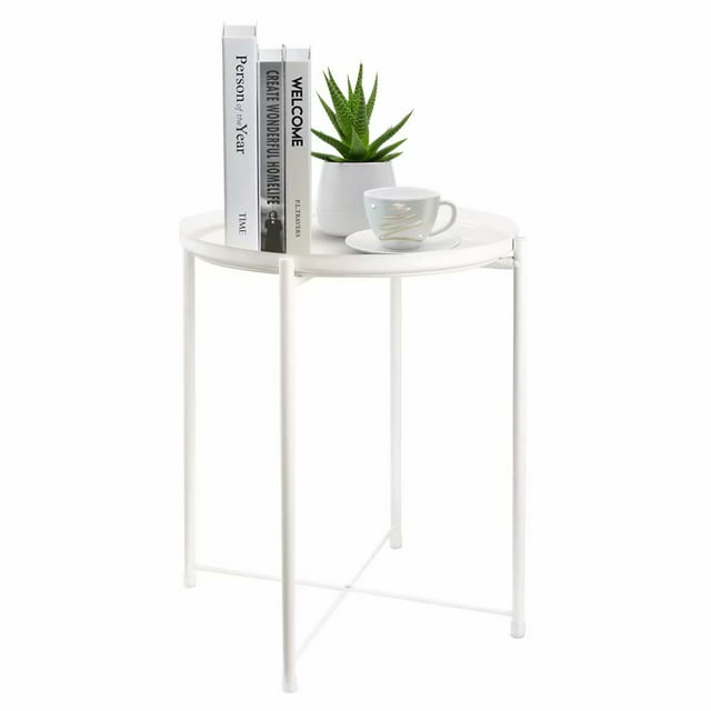 HOMRITAR Side Table Round Metal, Outdoor Side Table Small Sofa End Table Indoor Accent Table Round Metal Coffee Table Waterproof Removable Tray Table for Living Room Bedroom Balcony Office White