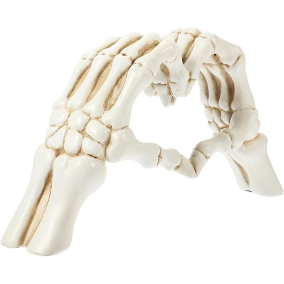 HOMSFOU Skeleton Heart Hands Sculpture, 9.43" Resin Skull Love Sign Statue | Unique Halloween and Gothic Home Decor, Wedding Gift, Shelf Desktop Ornament