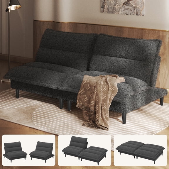 Patbrela Futon Sofa Bed, 4 in 1 Convertible Sofa with Adjustable Backrest, 71" Teddy Plush Fabric Loveseat Sleeper Couch for Living Room, Apartment, Office, Gray