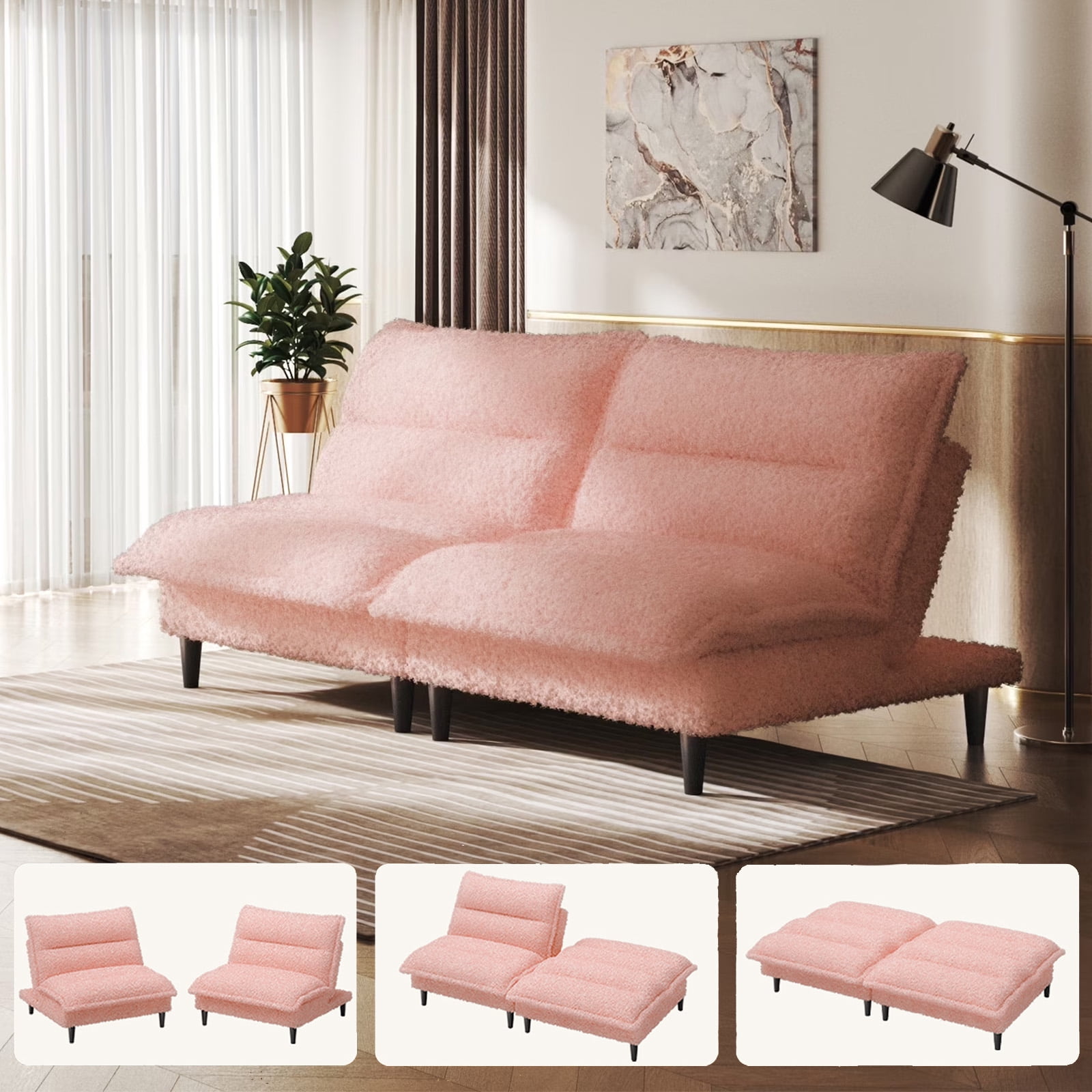 Patbrela 71" Futon Sofa Bed, 4-in-1 Convertible Loveseat Couch Bed with Adjustable Backrest, Sleeper Sofa for Small Spaces, Apartment, Dorm, Pink