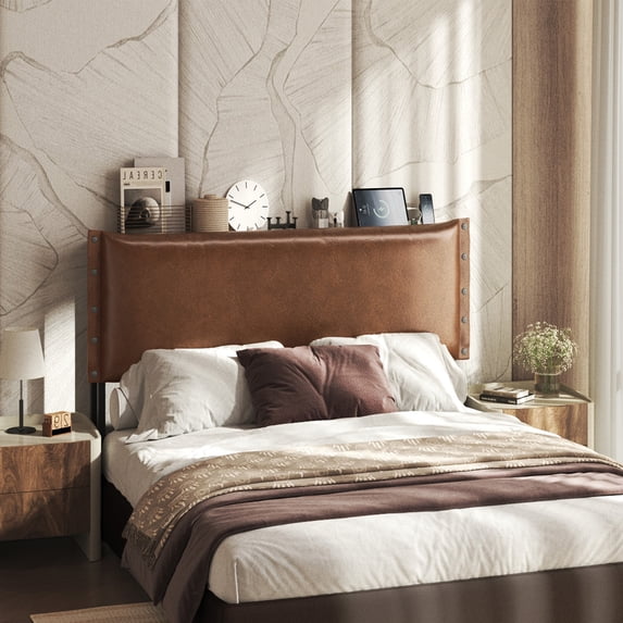 Headboard Queen Size Bed,Luxury Oil-Waxed Leather Upholstered Plush Headboard , Solid Wood Headboard with Adjustable Height Headboard from 42.1" to 46.1",Brown,Headboard Only