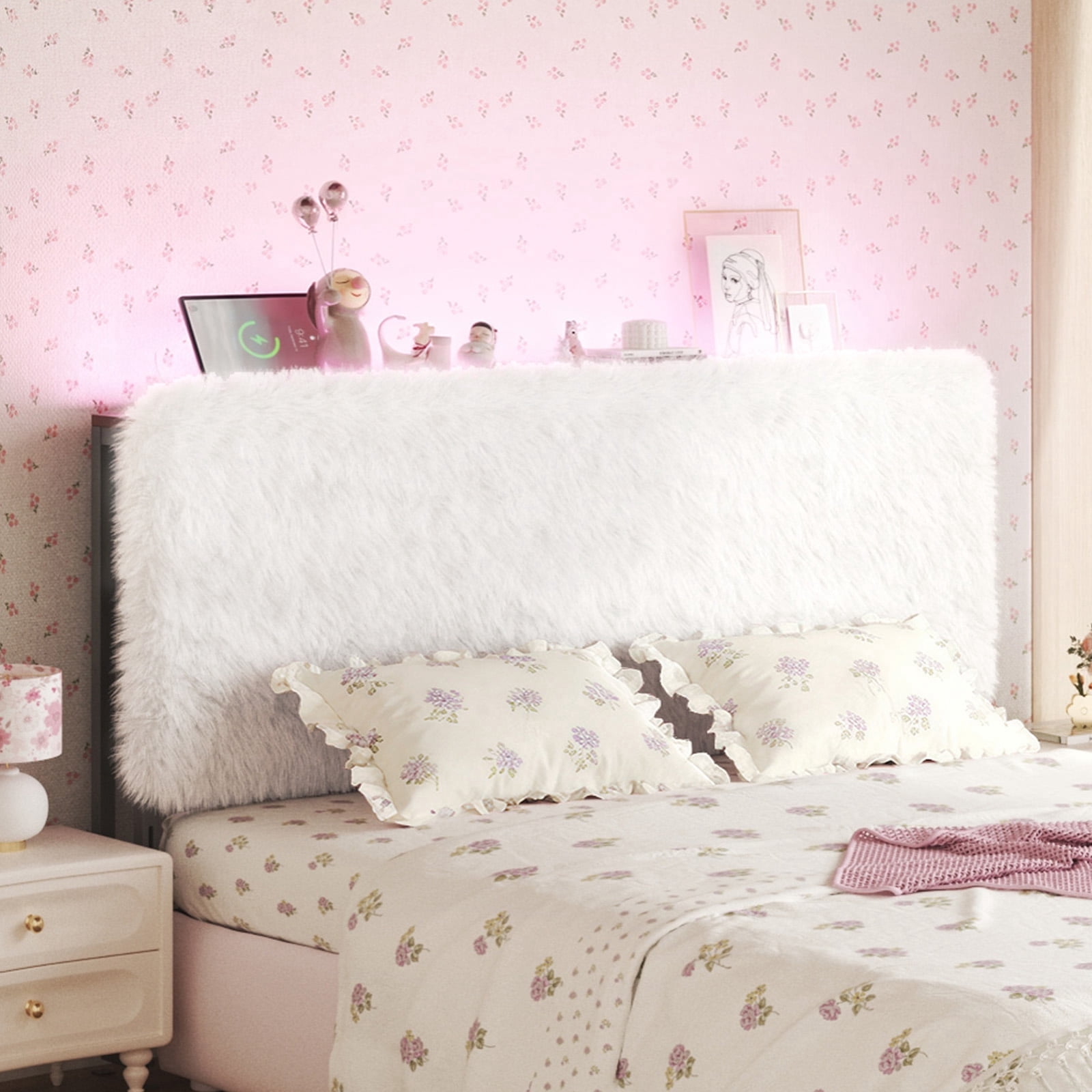 Patbrela Princess Headboard King Size for Girls, Upholstered Plush Headboard, 42.1" to 46.1" Adjustable Height, Beige