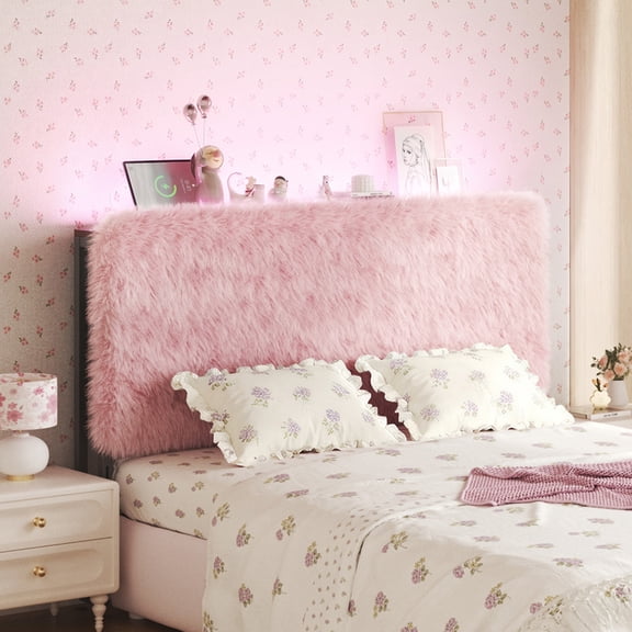 Patbrela Princess Headboard Queen Size, Upholstered Plush Headboard, 42.1" to 46.1" Adjustable Height, Pink