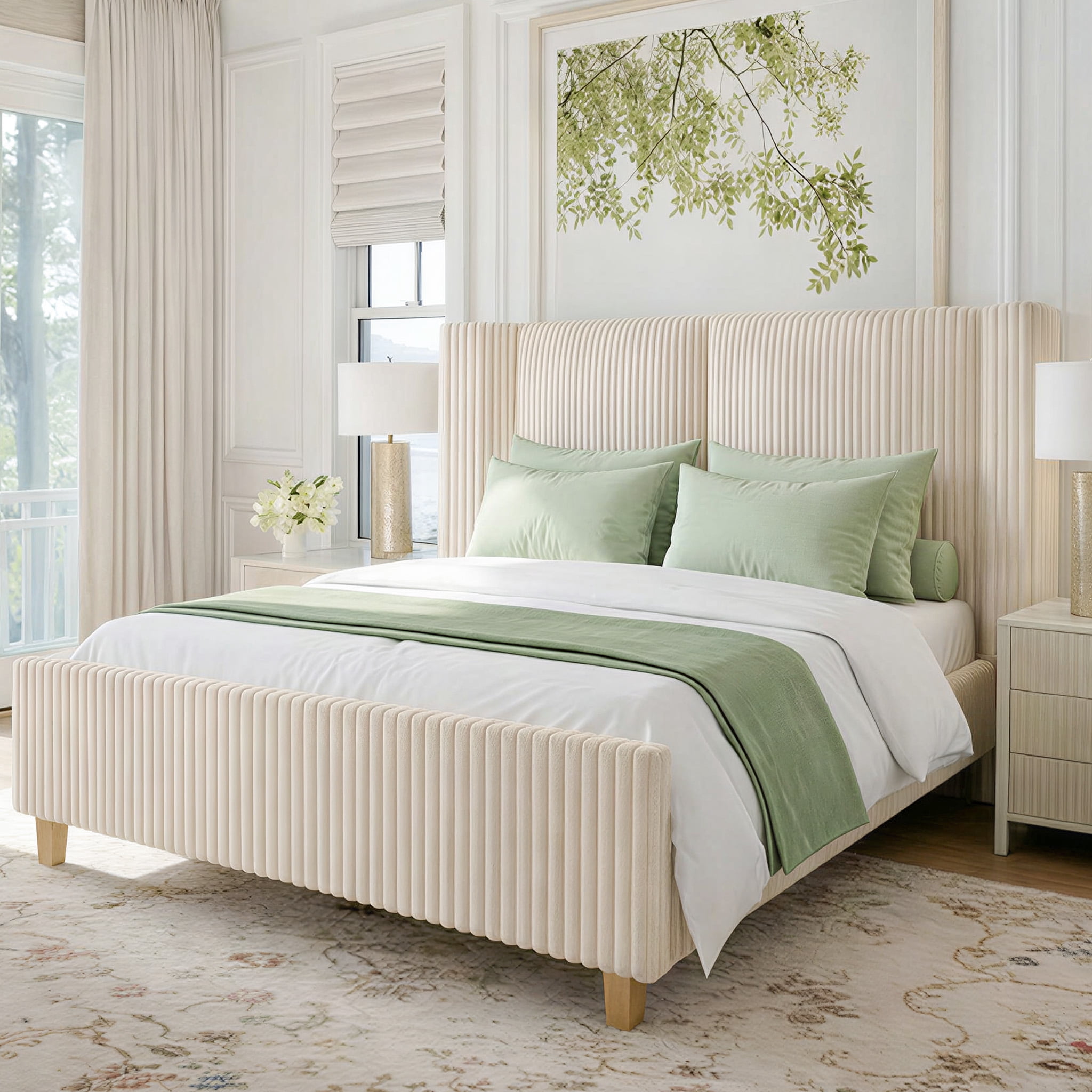 HOMSHADE Queen Size Bed Frame with 51" Tall Headboard, Upholstered Corduroy Platform Bed, Easy Assembly, No Box Spring Needed, Beige