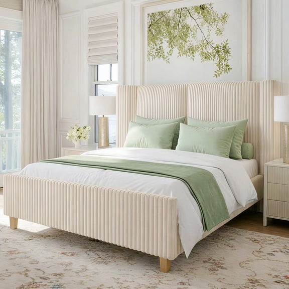 HOMSHADE Queen Size Bed Frame with 51" Tall Headboard, Upholstered Corduroy Platform Bed, Easy Assembly, No Box Spring Needed, Beige
