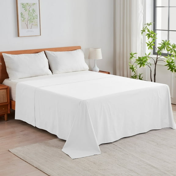 HOMTEC 100% Cotton Flat Sheet 4-Pack, Crisp Soft Percale Cotton King Size Top Sheet, Breathable & Easy Care (King, White)