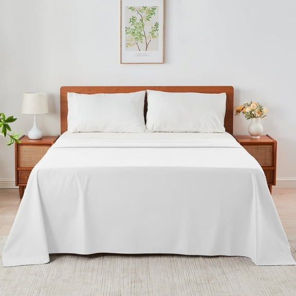 HOMTEC 100% Cotton Flat Sheet 2-Pack, Crisp Soft Percale Cotton Queen Size Top Sheet, Breathable & Easy Care (Queen, White)