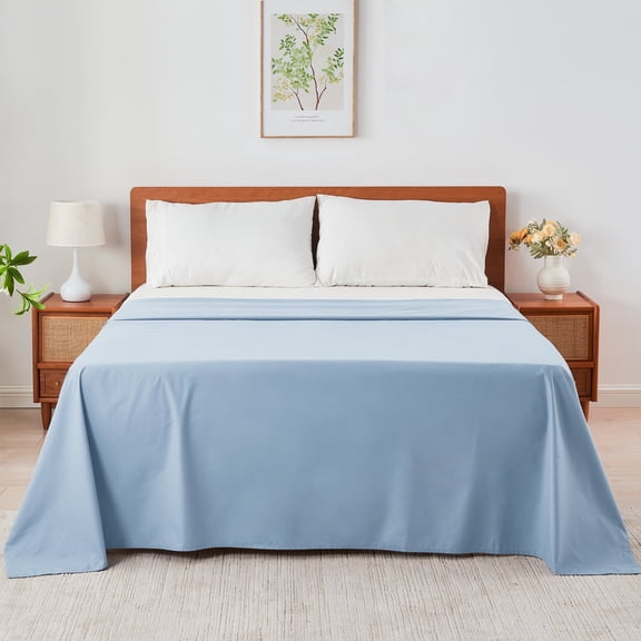 HOMTEC 100% Cotton Flat Sheet 2-Pack, Crisp Soft Percale Cotton Top Sheet for Massage Table, Hospital, Dorm (Twin / Twin XL, Light Blue)