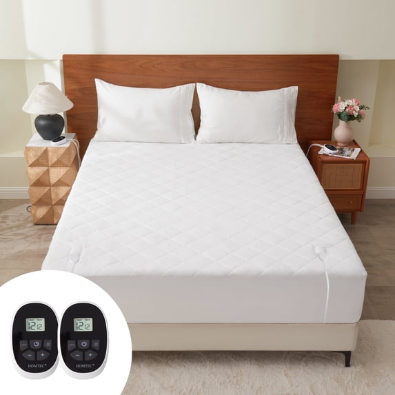 HOMTEC Heated Mattress Pad California King Size, Electric Bed Warmer with Dual Controllers Memory & Preheat Function (12 Heat Setting | 12 Hours Auto Off | Fit Up to 24 Inch Deep Pocket)