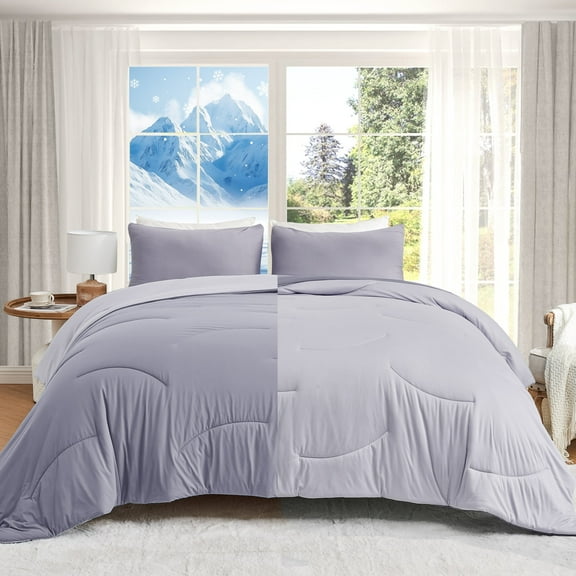 HOMTEC Reversible 3-Piece Comforter Set, All Season Double-Sided Comforter with 2 Pillowcases, Full/Queen Size, Gray