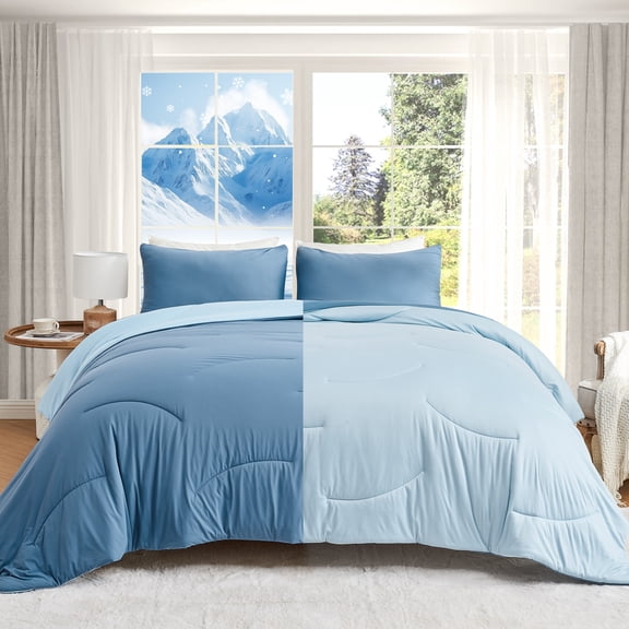 HOMTEC Reversible 3-Piece Comforter Set, All Season Double-Sided Comforter with 2 Pillowcases, King Size, Blue