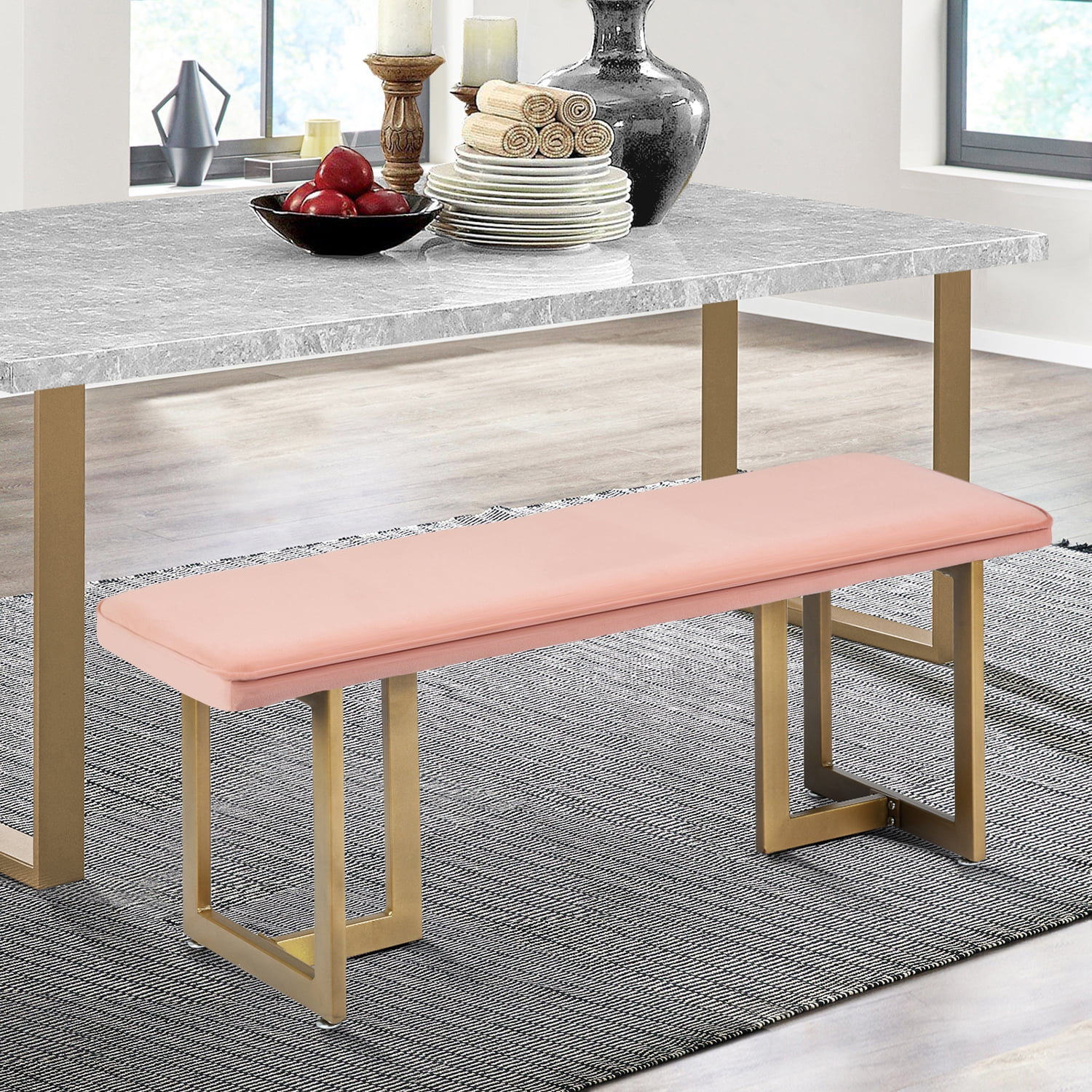 HOMY CASA Upholstered Tufted Entryway Bench Bedroom Bench for End of Bed Dining Bench for Kitchen Living Room Blush