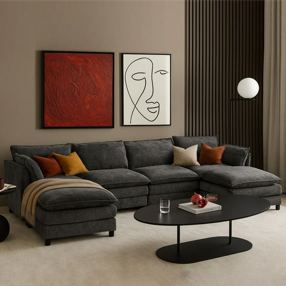 HOMYEDAMIC 147” L Shaped Modular Sectional Sofa Cloud Couch with Ottoman Chenille Deep Seat Sofa with Pillow for Living Room, Bedroom and Apartment