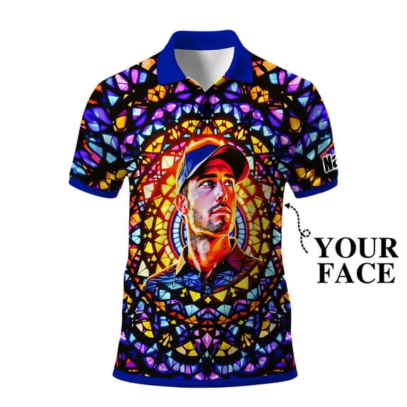 HOMYGIFTS Custom Face Men’s Golf Polo Shirt – Personalized Stained Glass Mandala Design, Unique Gift for Golfers & Special Occasions
