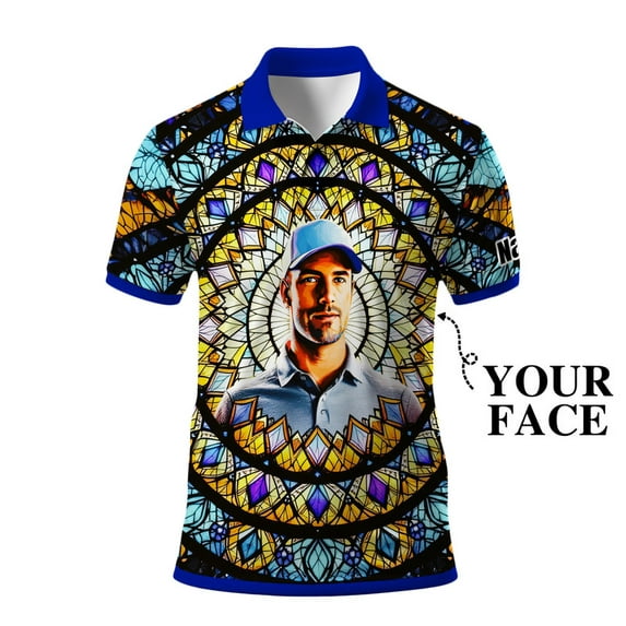 HOMYGIFTS Custom Face Men’s Golf Polo Shirt – Personalized Stained Glass Mandala Design, Unique Gift for Golfers & Special Occasions