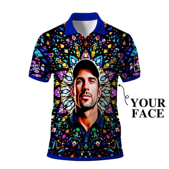 HOMYGIFTS Custom Face Men’s Golf Polo Shirt – Personalized Stained Glass Mandala Design, Unique Gift for Golfers & Special Occasions
