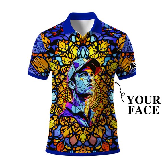 HOMYGIFTS Custom Face Men’s Golf Polo Shirt – Personalized Stained Glass Mandala Design, Unique Gift for Golfers & Special Occasions