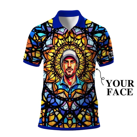 HOMYGIFTS Custom Face Men’s Golf Polo Shirt – Personalized Stained Glass Mandala Design, Unique Gift for Golfers & Special Occasions