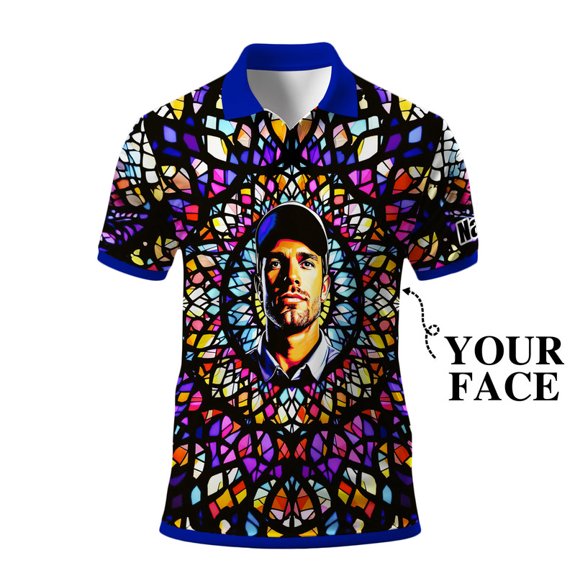 HOMYGIFTS Custom Face Men’s Golf Polo Shirt – Personalized Stained Glass Mandala Design, Unique Gift for Golfers & Special Occasions