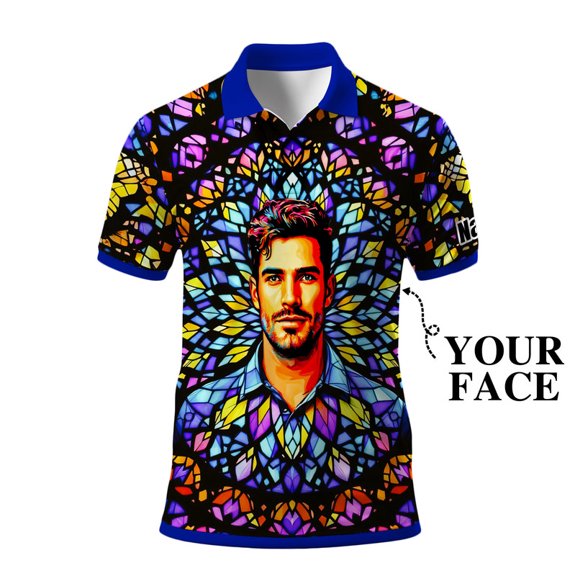 HOMYGIFTS Custom Face Men’s Golf Polo Shirt – Personalized Stained Glass Mandala Design, Unique Gift for Golfers & Special Occasions