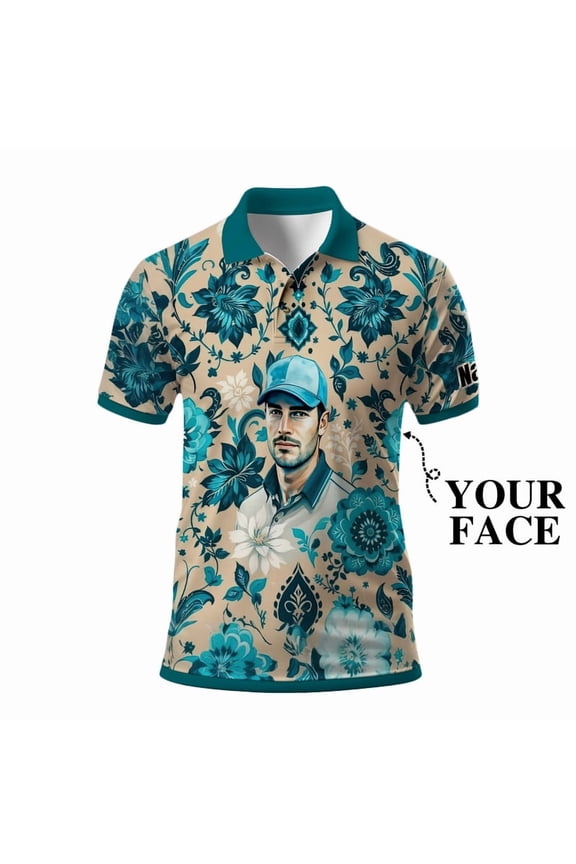 Custom Face Polo Shirt – Retro Pattern Art Floral Design, Personalized Gift for Men