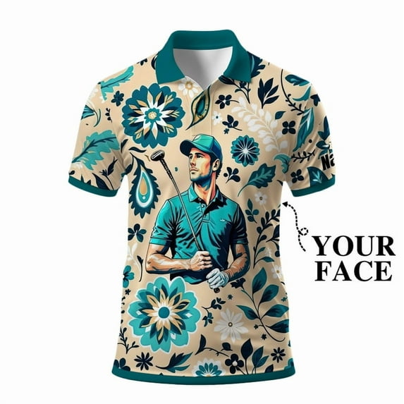 HOMYGIFTS Custom Face Polo Shirt – Retro Pattern Art Floral Design, Personalized Gift for Men