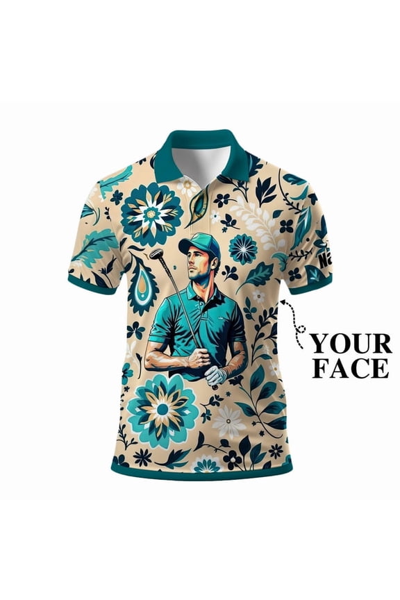 Custom Face Polo Shirt – Retro Pattern Art Floral Design, Personalized Gift for Men