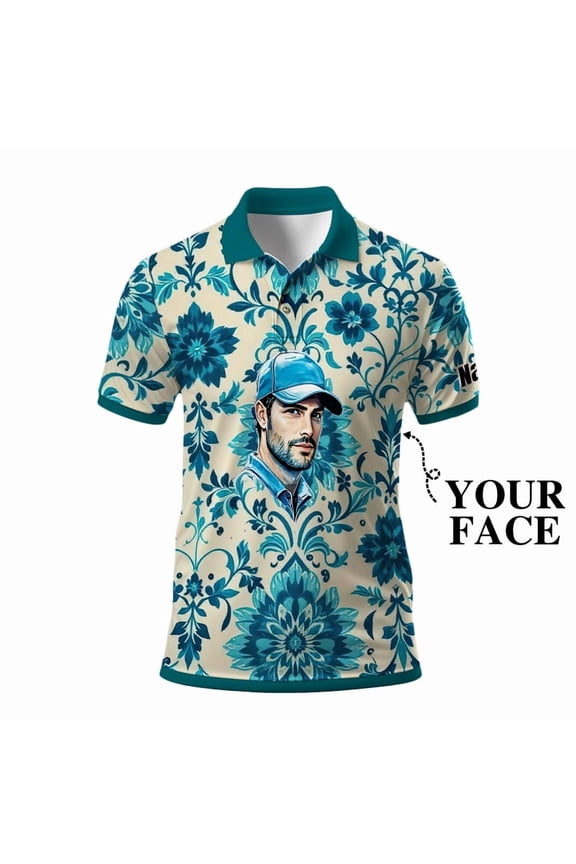 Custom Face Polo Shirt – Retro Pattern Art Floral Design, Personalized Gift for Men