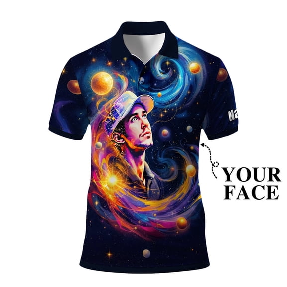 HOMYGIFTS Custom Face Polo Shirt – Surreal Cosmic Art Personalized Golf Polo, Galaxy Universe Print, Unique Gift for Him