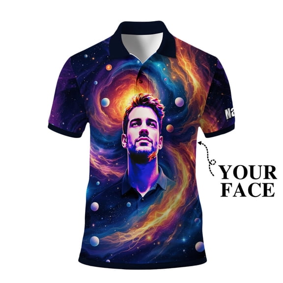 HOMYGIFTS Custom Face Polo Shirt – Surreal Cosmic Art Personalized Golf Polo, Galaxy Universe Print, Unique Gift for Him